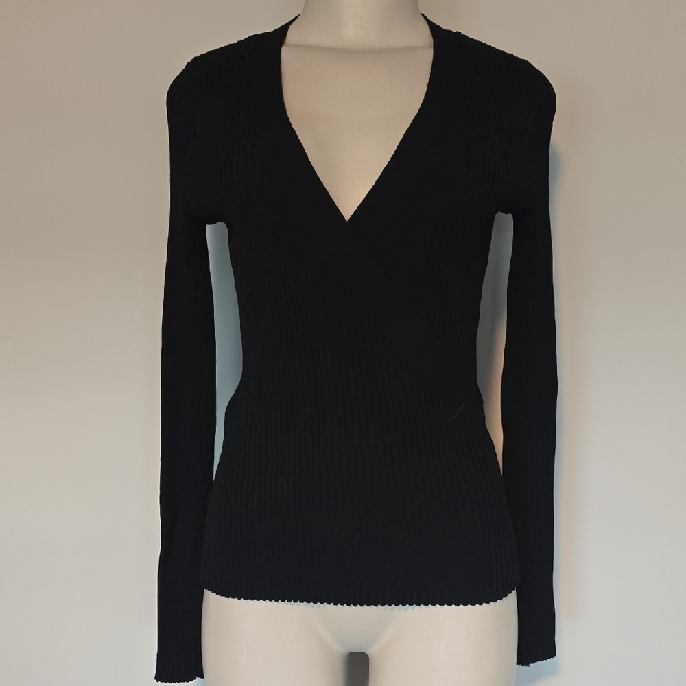 Cache black ribbed long sleeve faux wrap sweater-M